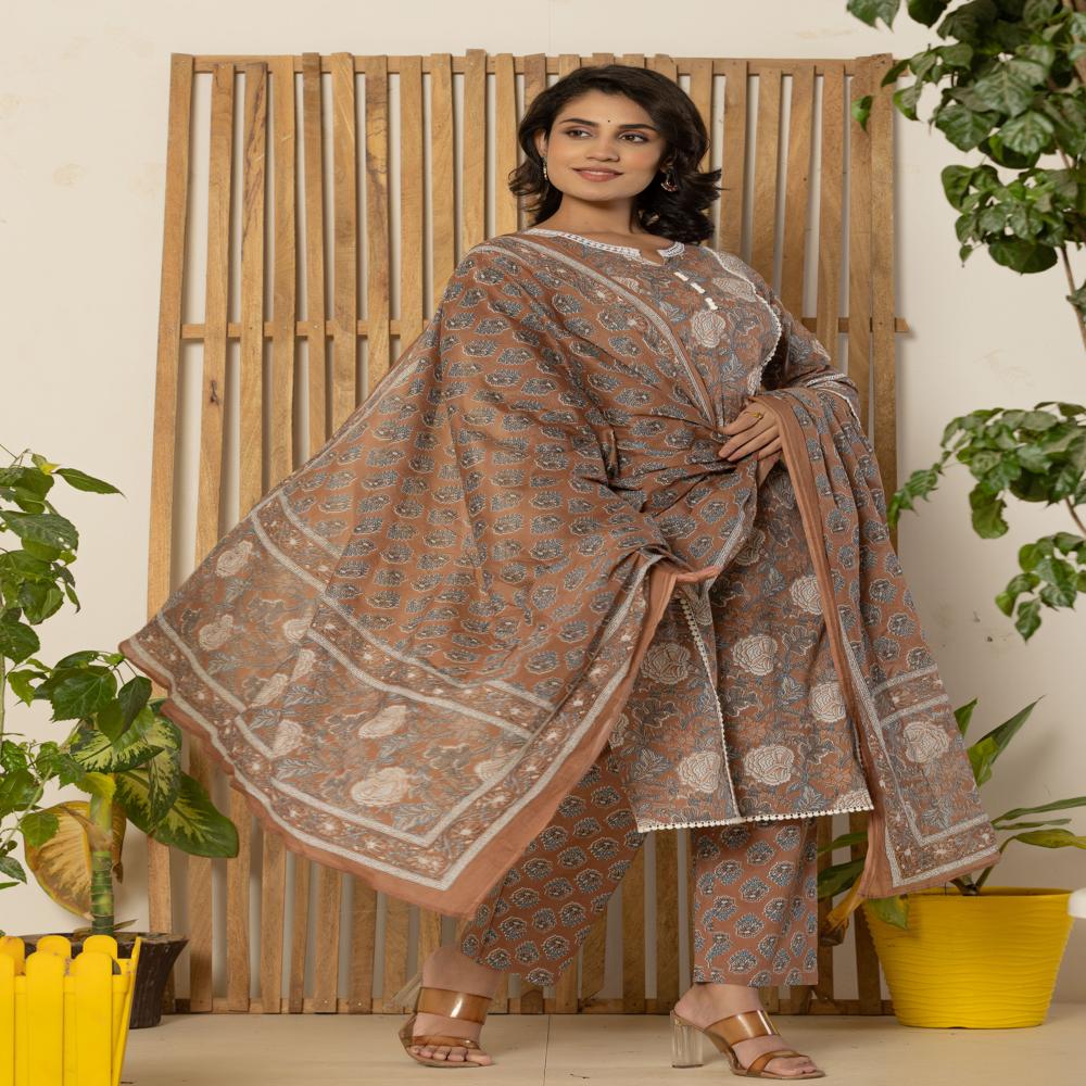 Brown Kurti pant set with dupatta