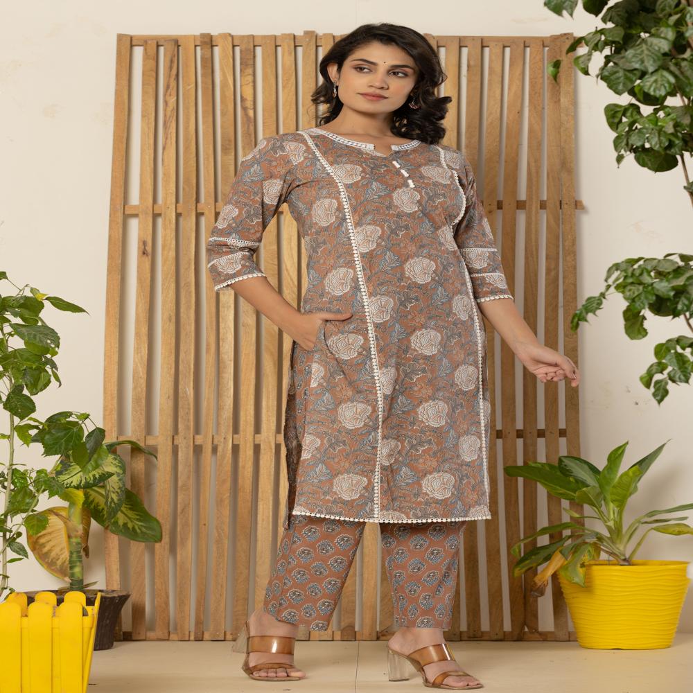 Brown Kurti pant set with dupatta