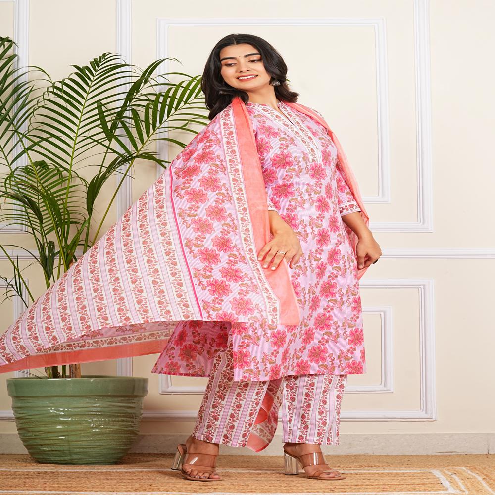 Pink Lining Kurti Pant Set with Dupatta
