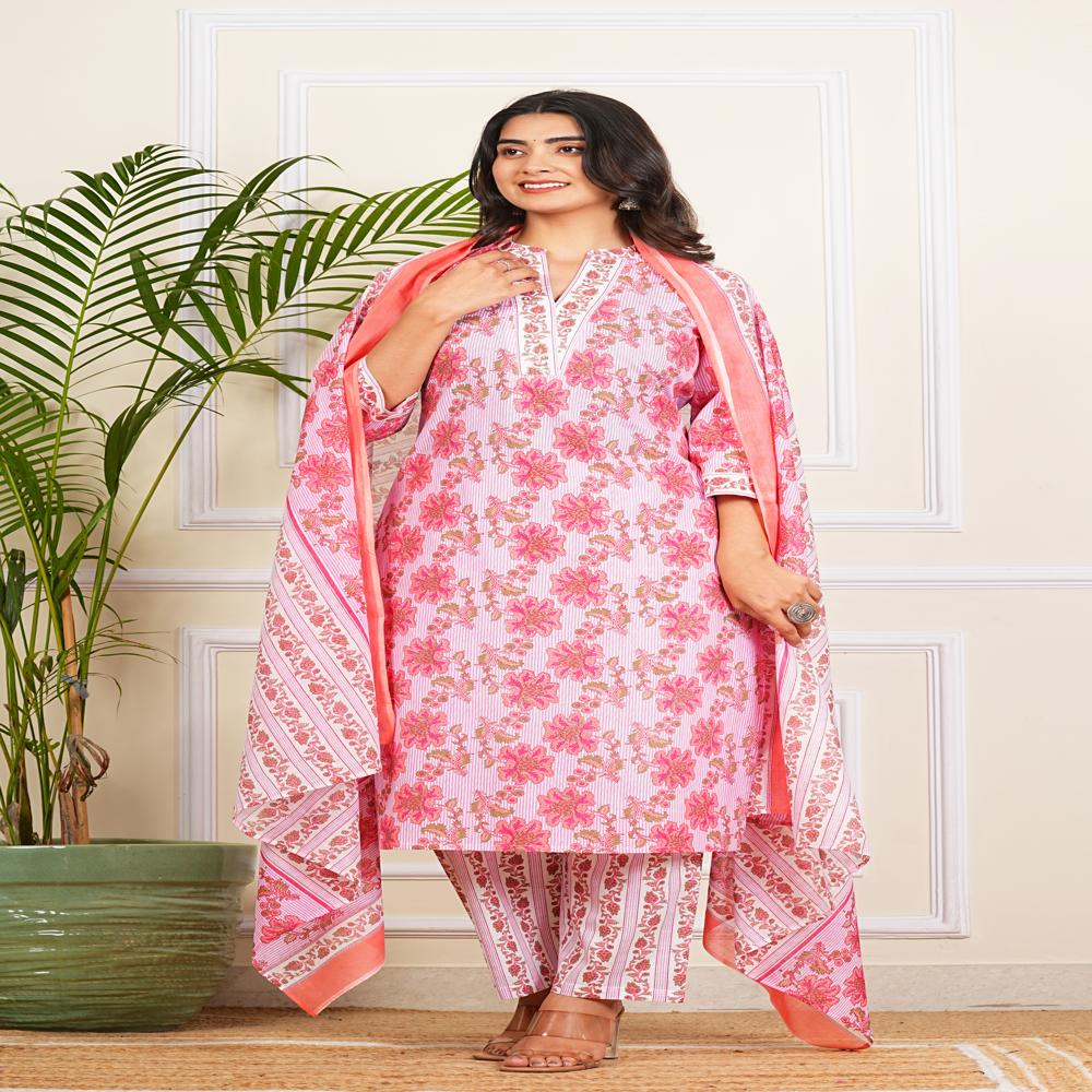 Pink Lining Kurti Pant Set with Dupatta