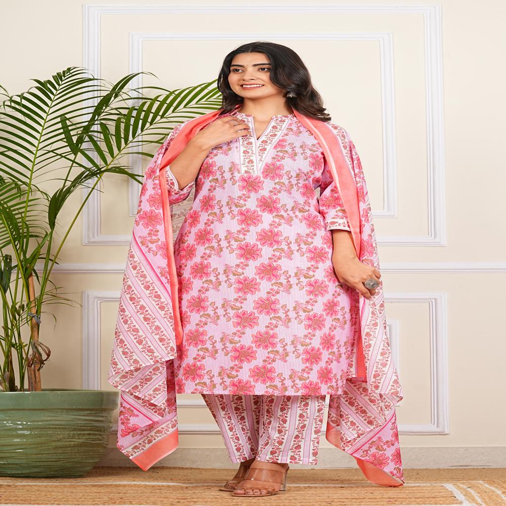 Pink Lining Kurti Pant Set with Dupatta