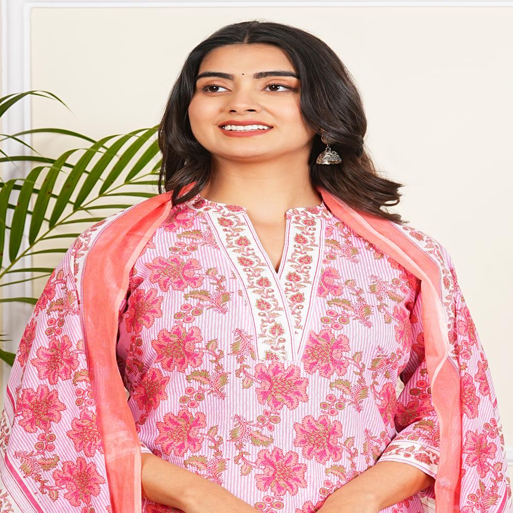 Pink Lining Kurti Pant Set with Dupatta