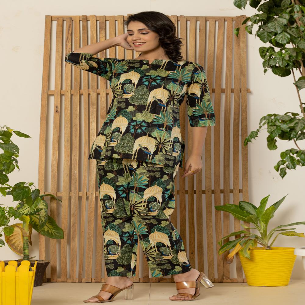 Black Jungle Print Night Suits Plus Size