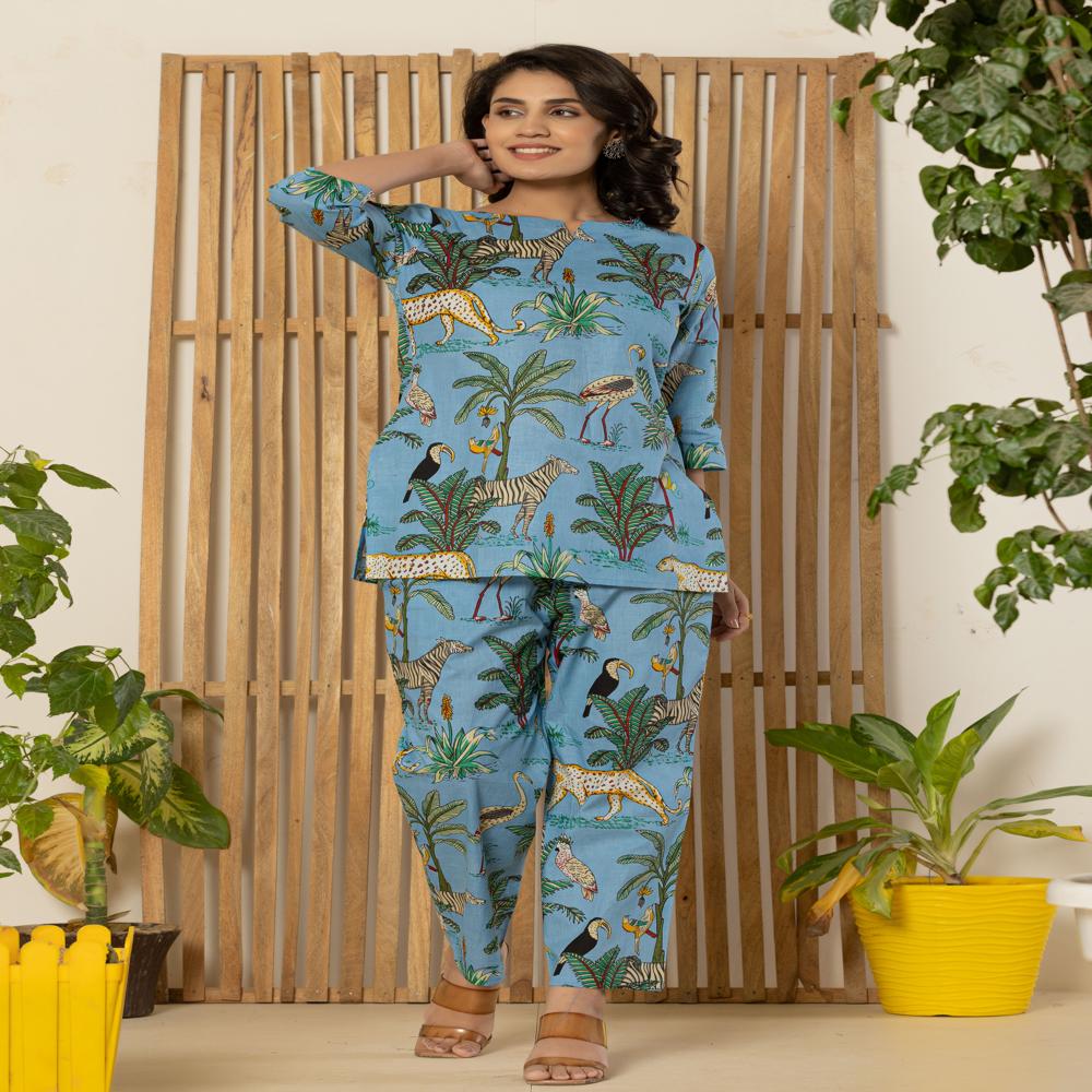 Blue Animal Print Night Suits
