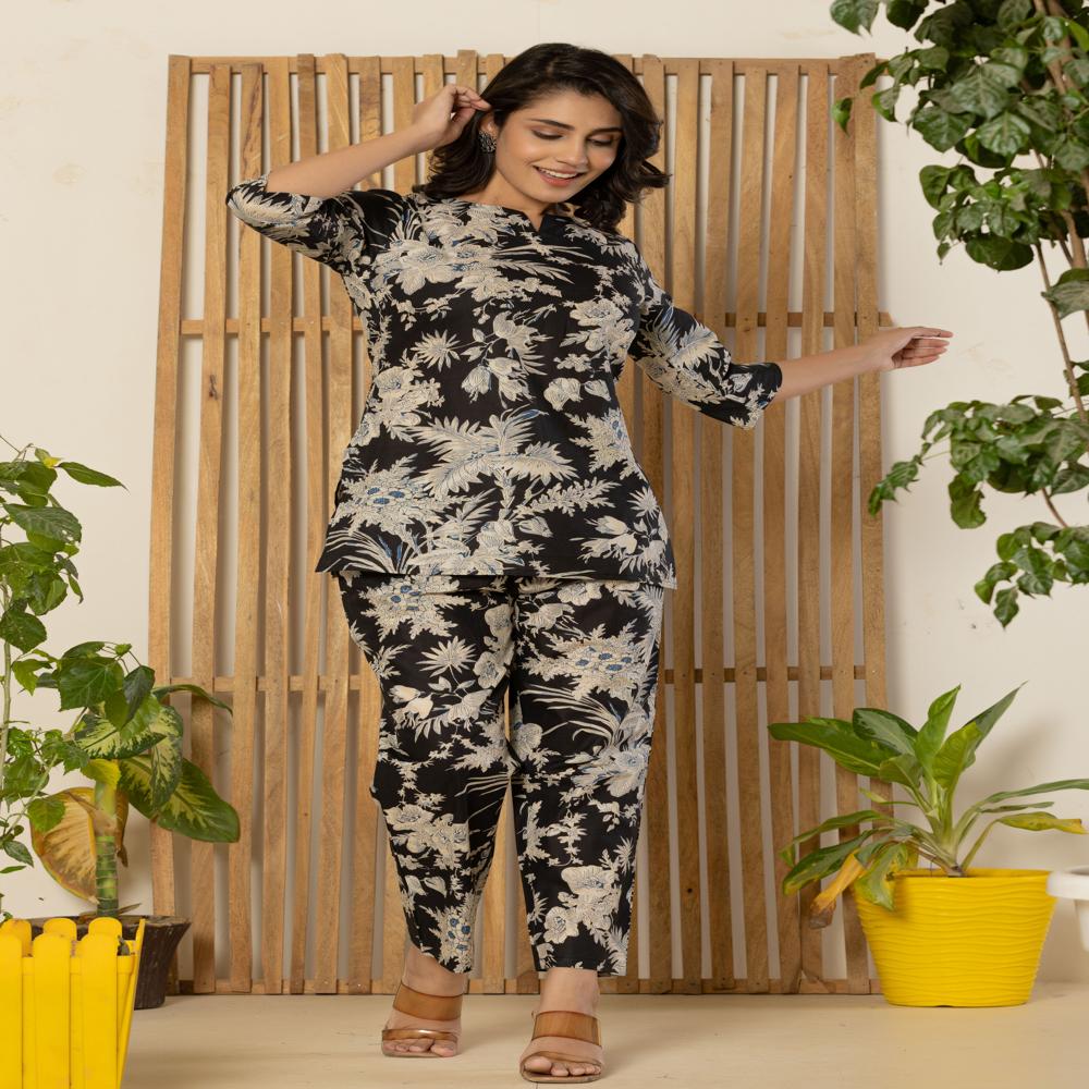 Black Floral Print Night Suits Plus Size