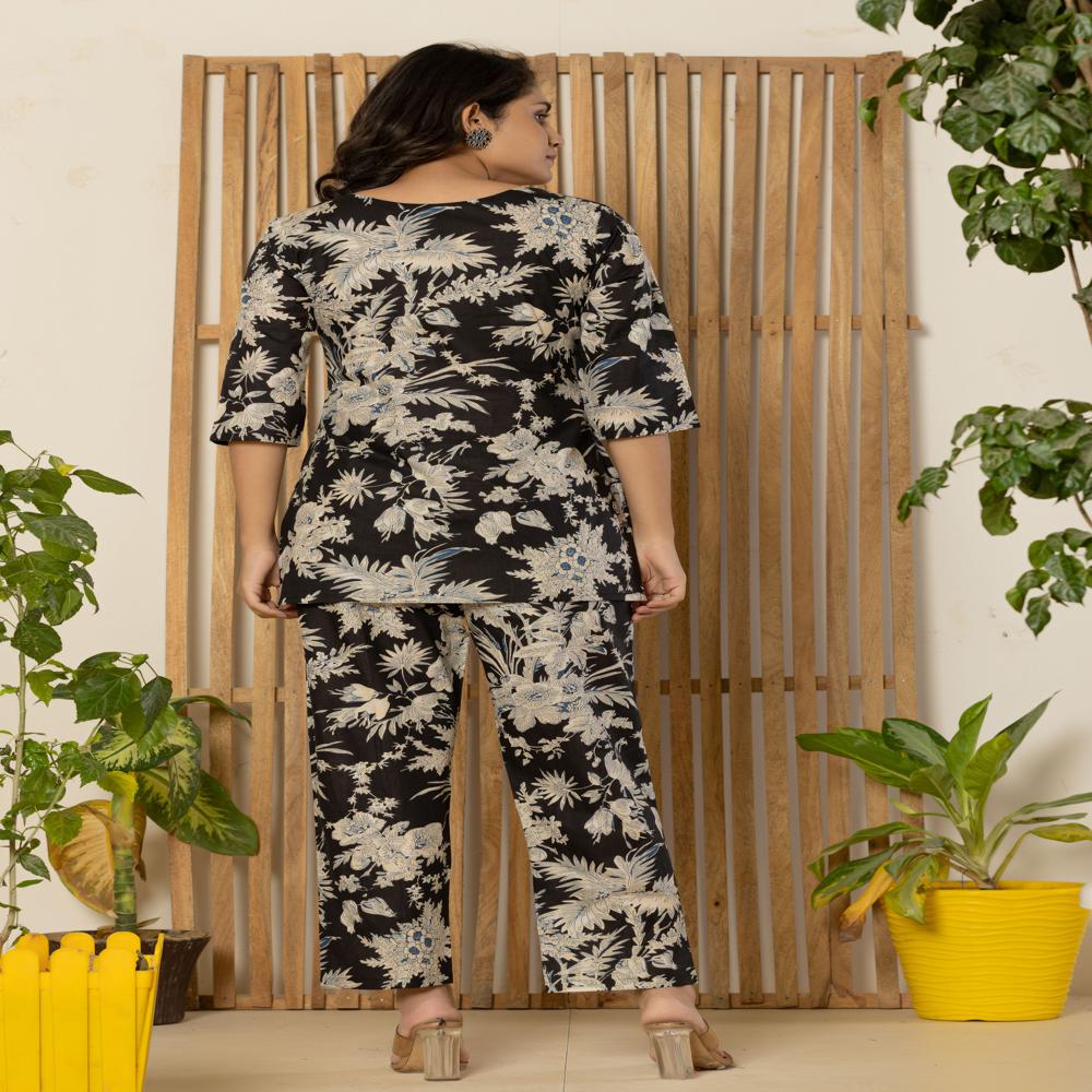 Black Floral Print Night Suits Plus Size