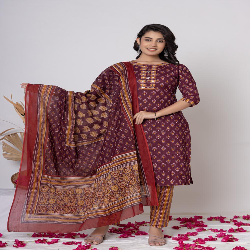 Maroon  Printed cotton Kurti Pant Set with Dupatta