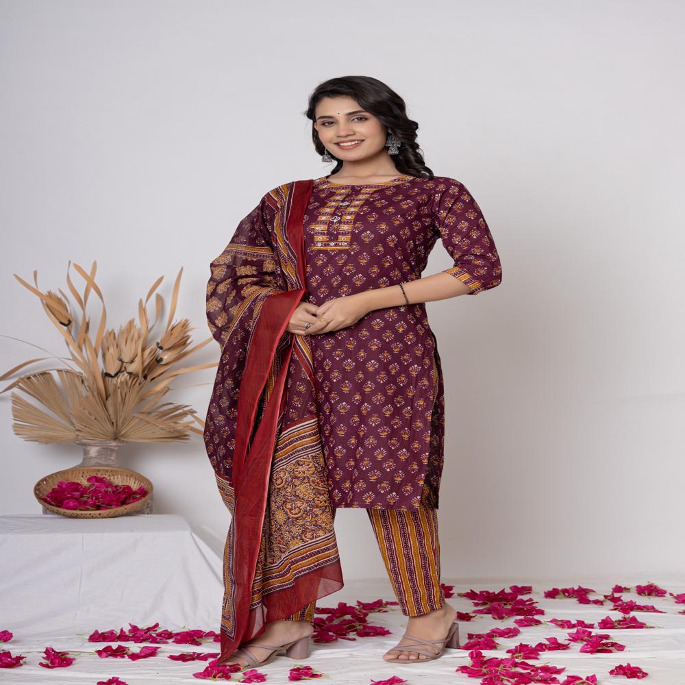 Maroon  Printed cotton Kurti Pant Set with Dupatta
