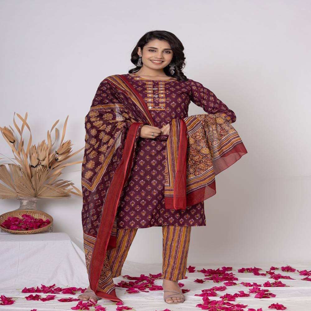 Maroon  Printed cotton Kurti Pant Set with Dupatta