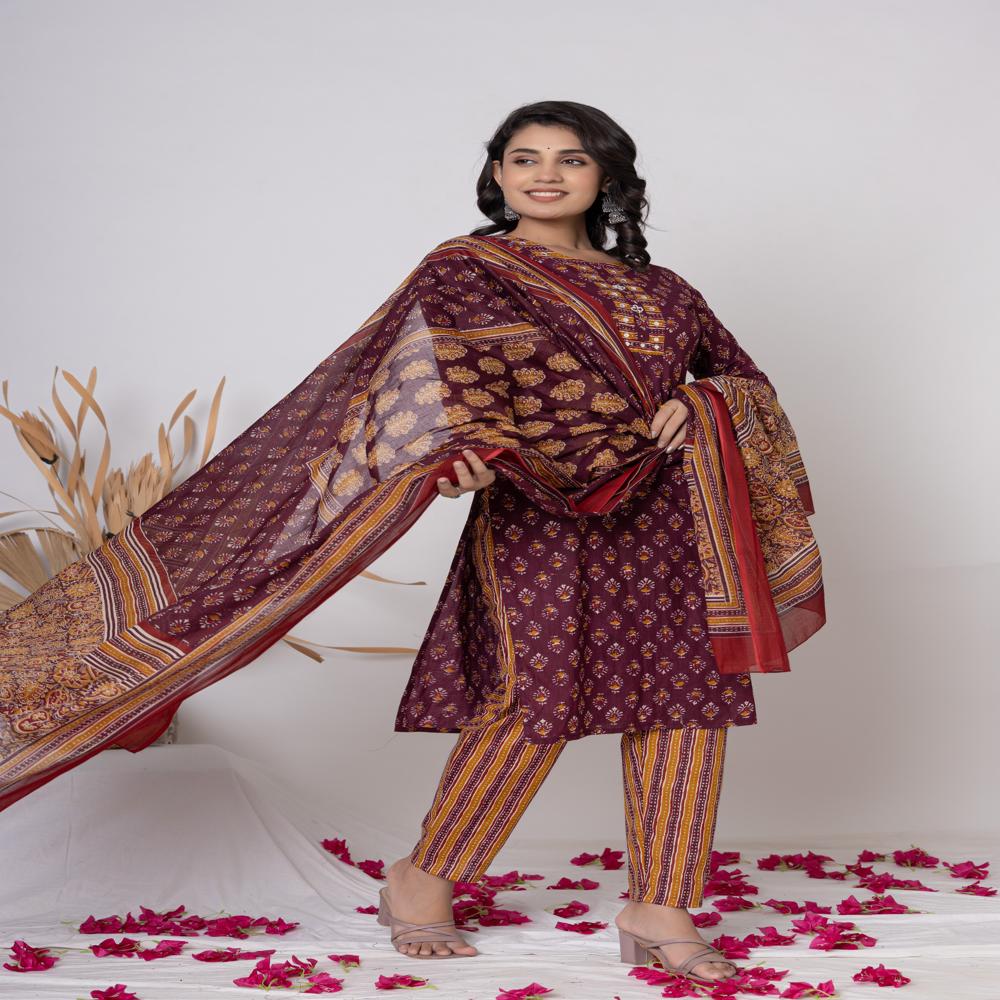 Maroon  Printed cotton Kurti Pant Set with Dupatta