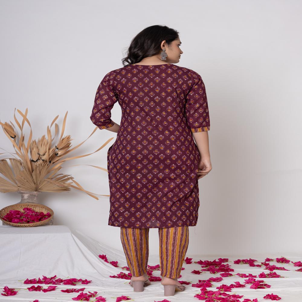 Maroon  Printed cotton Kurti Pant Set with Dupatta