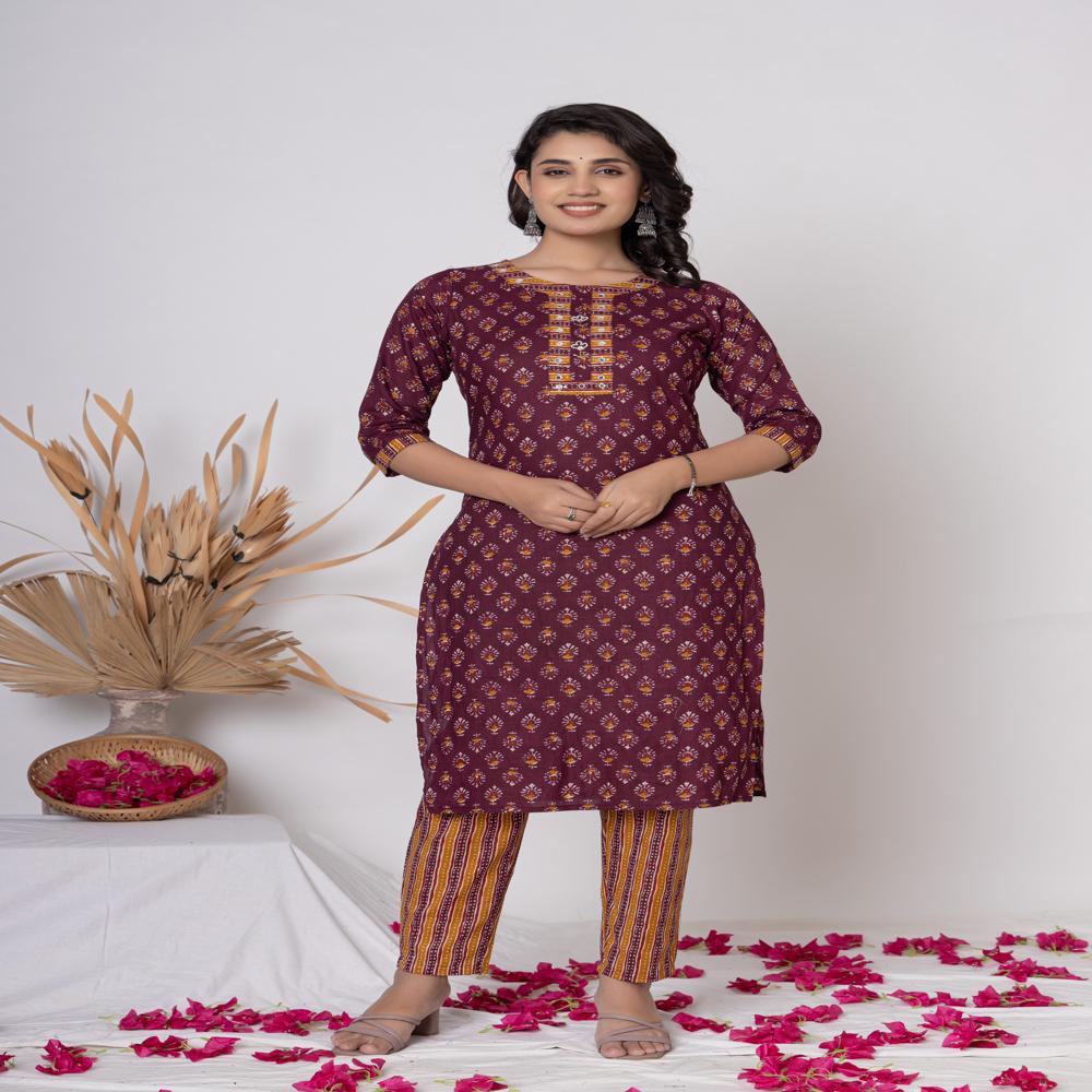 Maroon  Printed cotton Kurti Pant Set with Dupatta