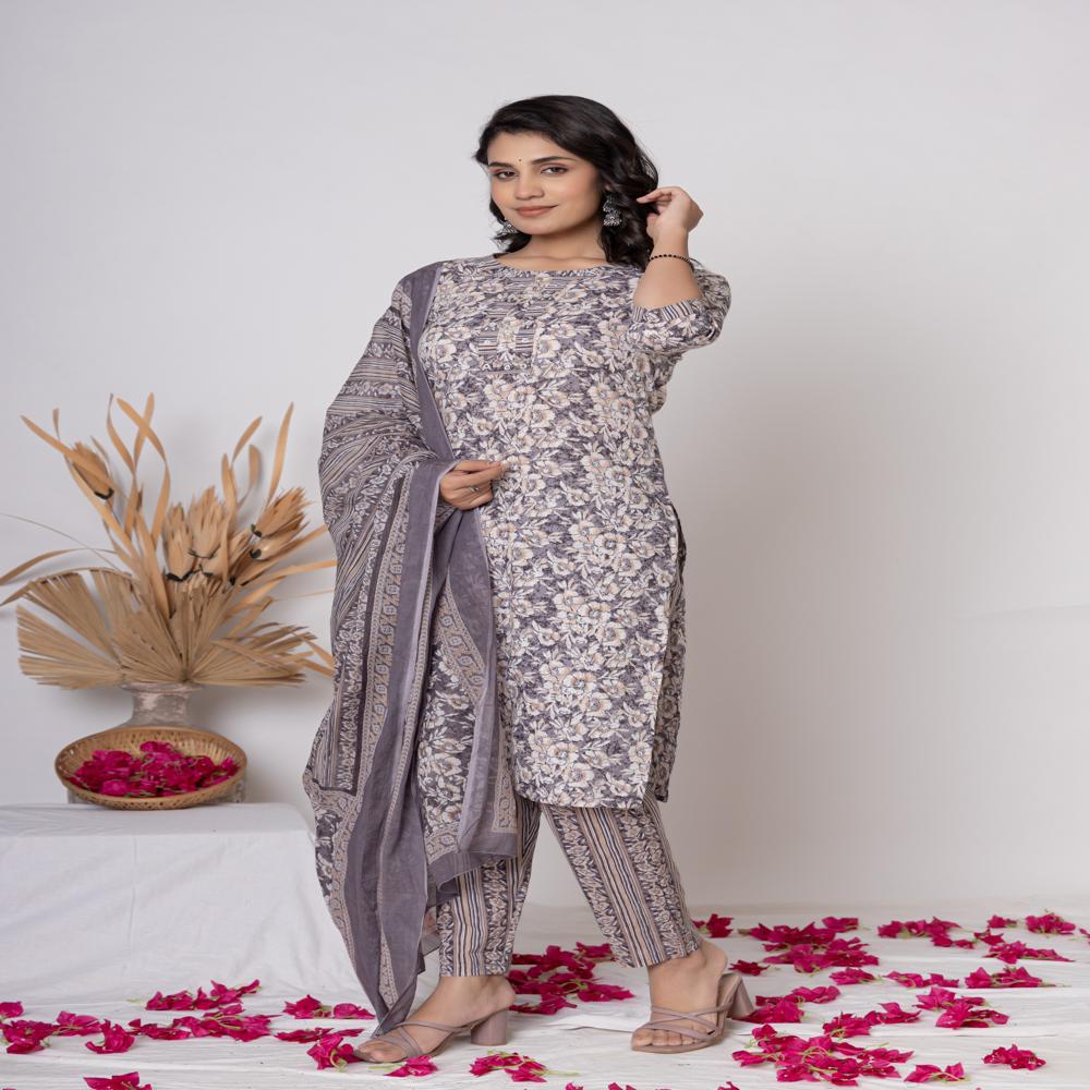 Grey Floral Printed kurta set with dupata