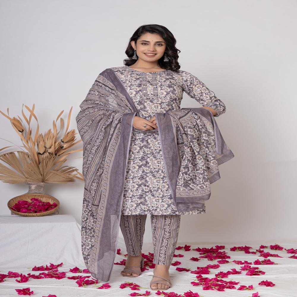 Grey Floral Printed kurta set with dupata