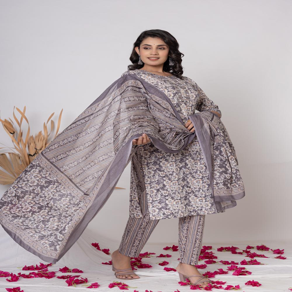 Grey Floral Printed kurta set with dupata