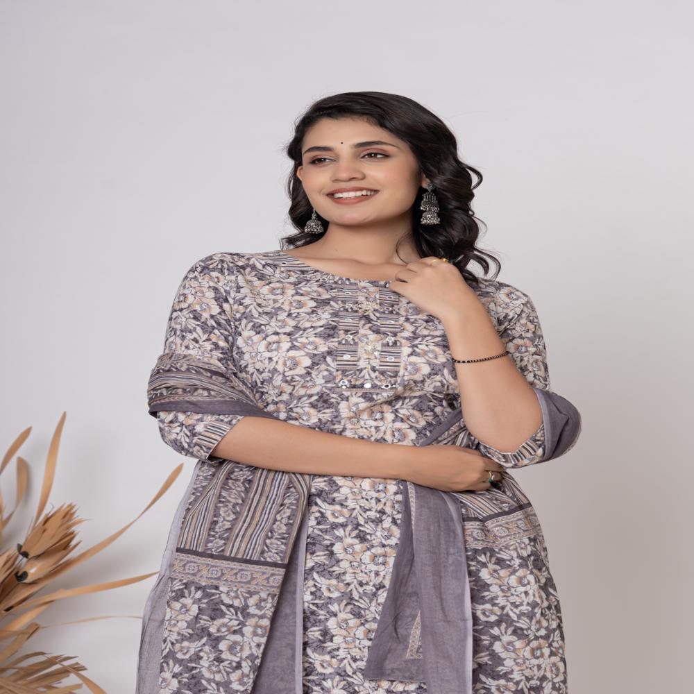 Grey Floral Printed kurta set with dupata