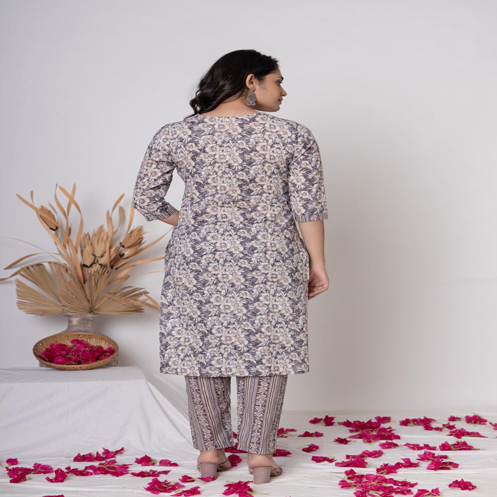 Grey Floral Printed kurta set with dupata