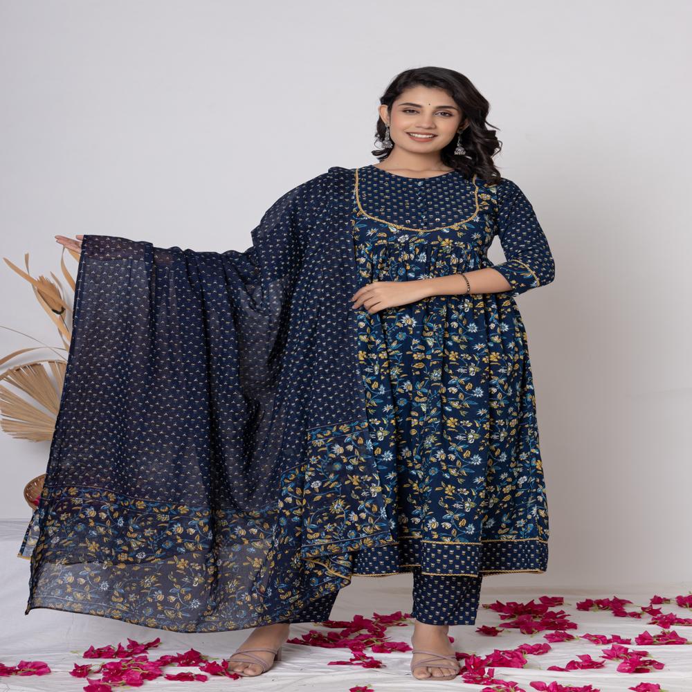 Dark blue floral printed ankarli kurti pant set with dupatta