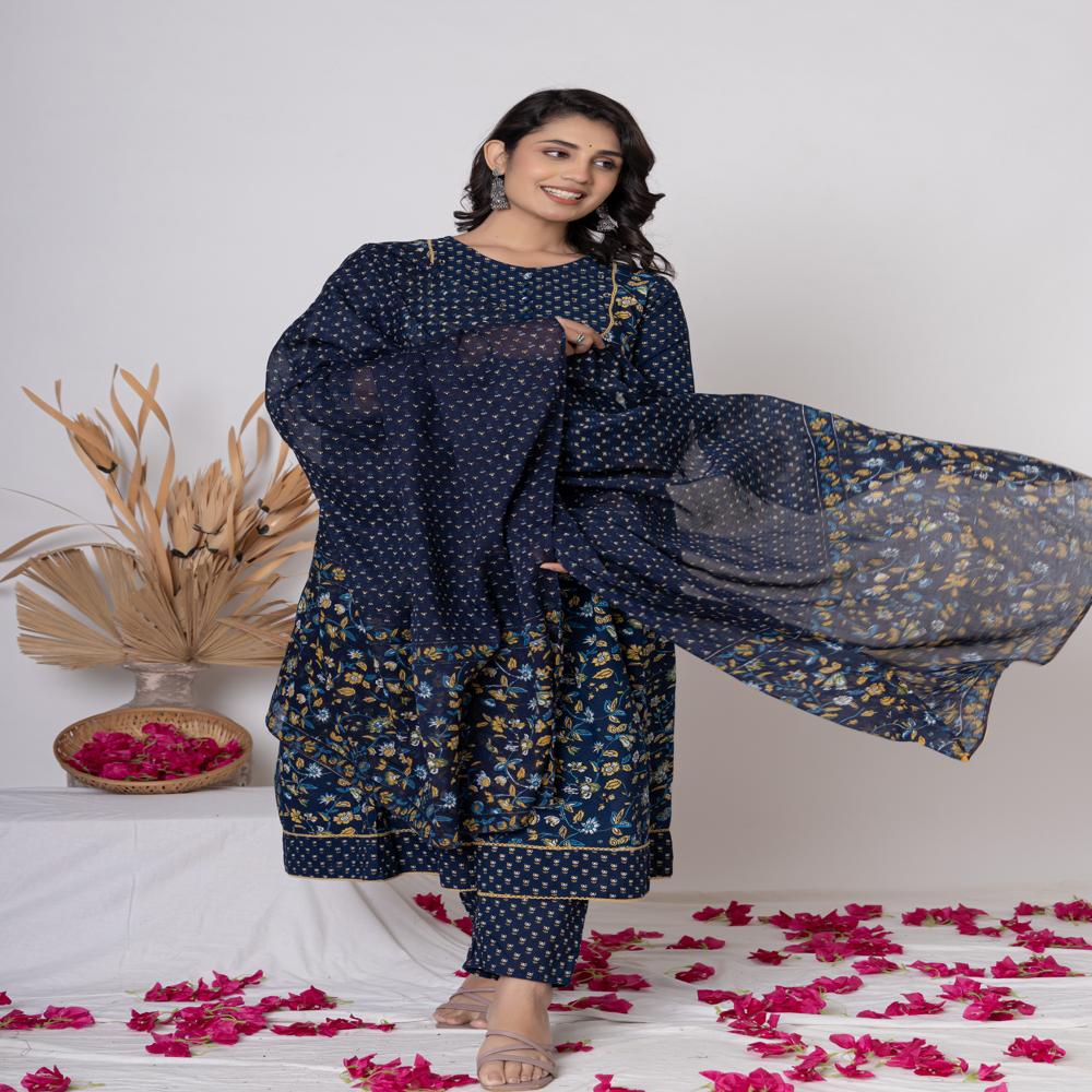 Dark Blue Floral Printed Ankarli Kurti Pant Set With Dupatta - Color: Multicolor