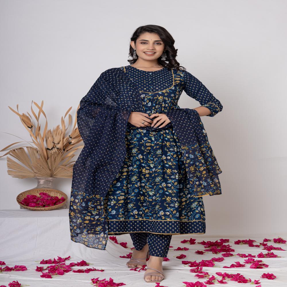 Dark blue floral printed ankarli kurti pant set with dupatta
