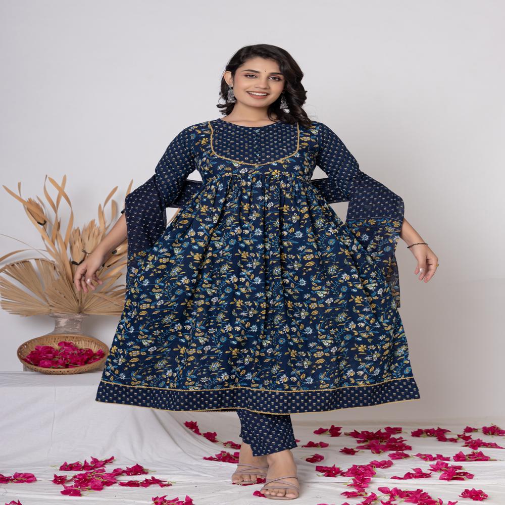 Dark blue floral printed ankarli kurti pant set with dupatta