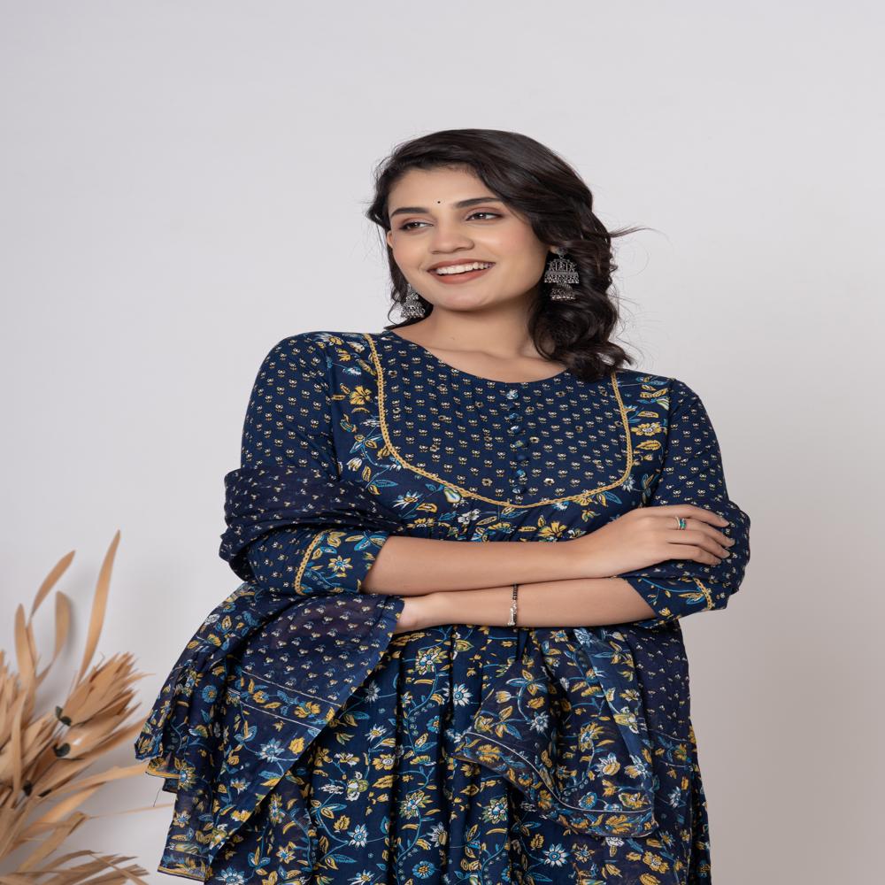 Dark Blue Floral Printed Ankarli Kurti Pant Set With Dupatta - Color: Multicolor