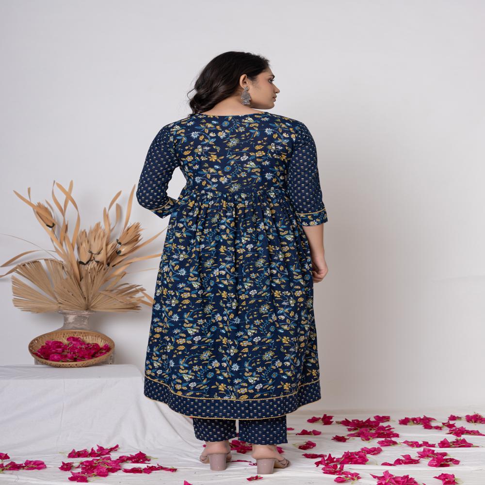 Dark blue floral printed ankarli kurti pant set with dupatta