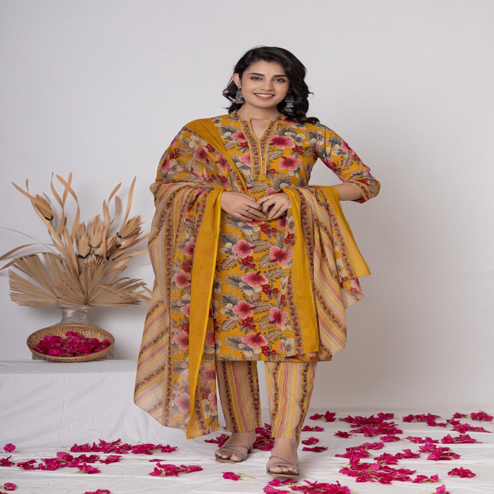 YELLOW KURTI PANT SET WITH DUPATAA