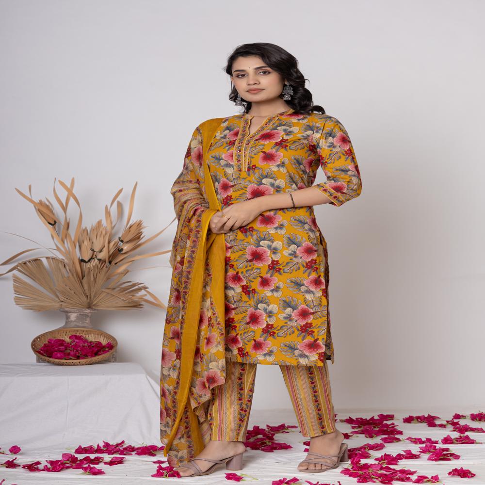 YELLOW KURTI PANT SET WITH DUPATAA