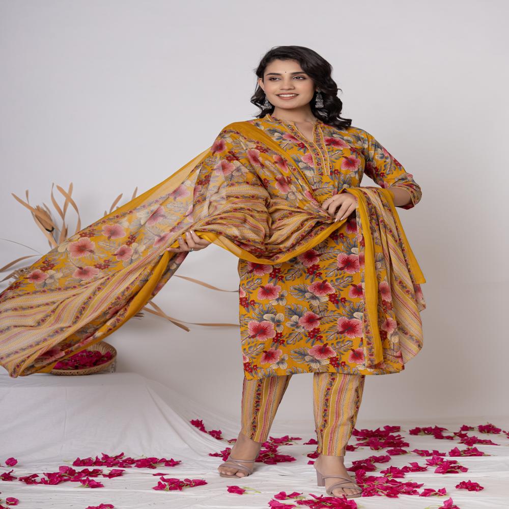 YELLOW KURTI PANT SET WITH DUPATAA