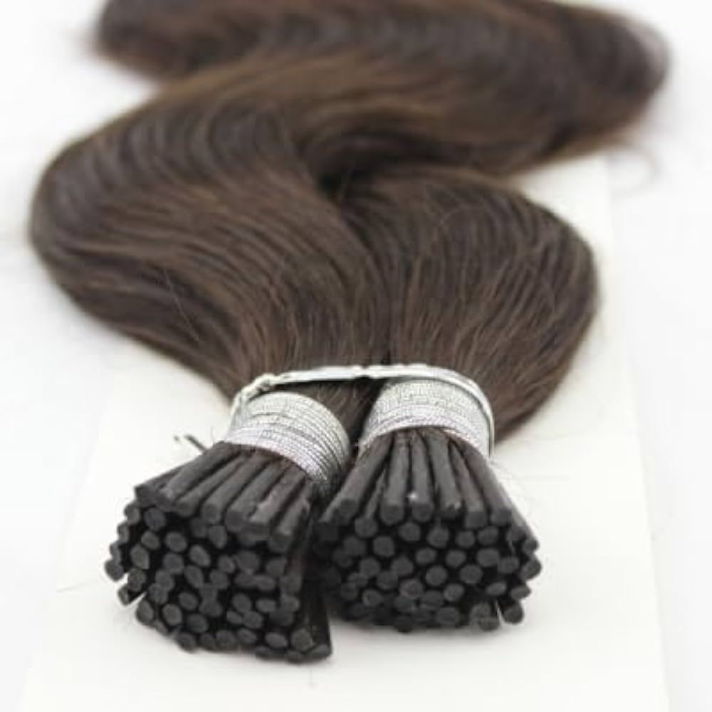 Remy Virgin Human Hair Extensions, I-TIP Hair  100 Stands, Brown Wavy Texture, for Women. ( 22 Inches)