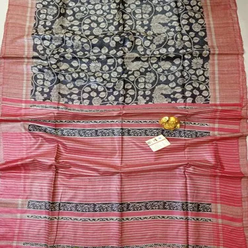Tassar Ghicha Handblock Printed Silk Saree - Color: Multicolor