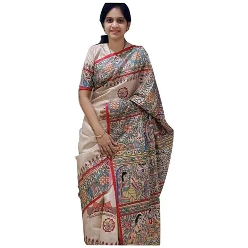 Pure Tussar Silk Madhubani Saree - Color: Multicolor