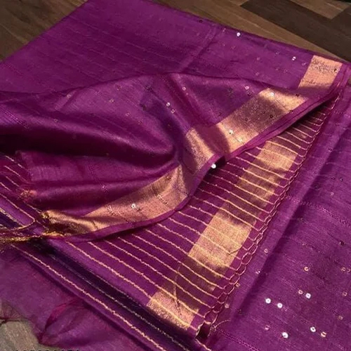 Ladies Semi Tussar Staple Pallu Design Saree - Color: Pink