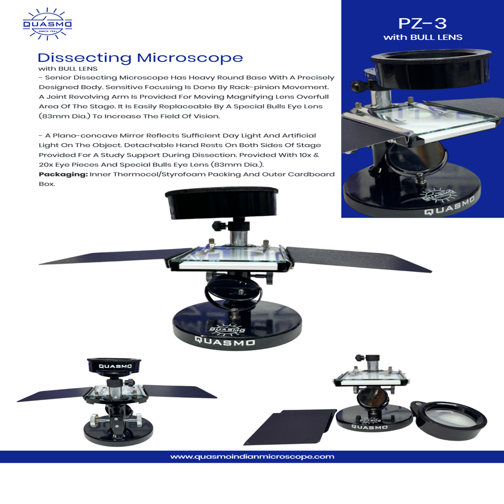 Pz-3 Bull Lens Dissecting Microscope - Heavy Round Base, Joint Revolving Arm, 10x & 20x Eyepieces, 83mm Bull's Eye Lens, Plano-concave Mirror, Detachable Hand Rests