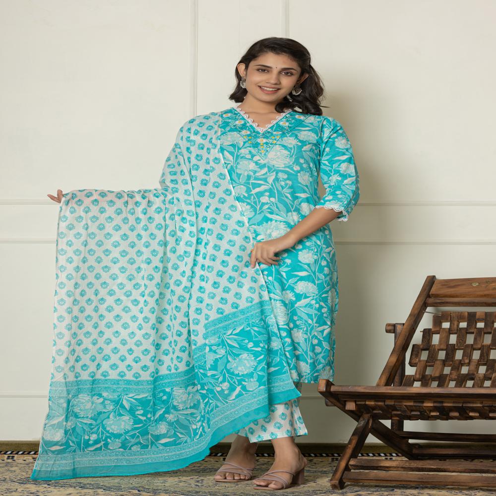 Tropicana Blue Kurti Pant Set With Dupatta