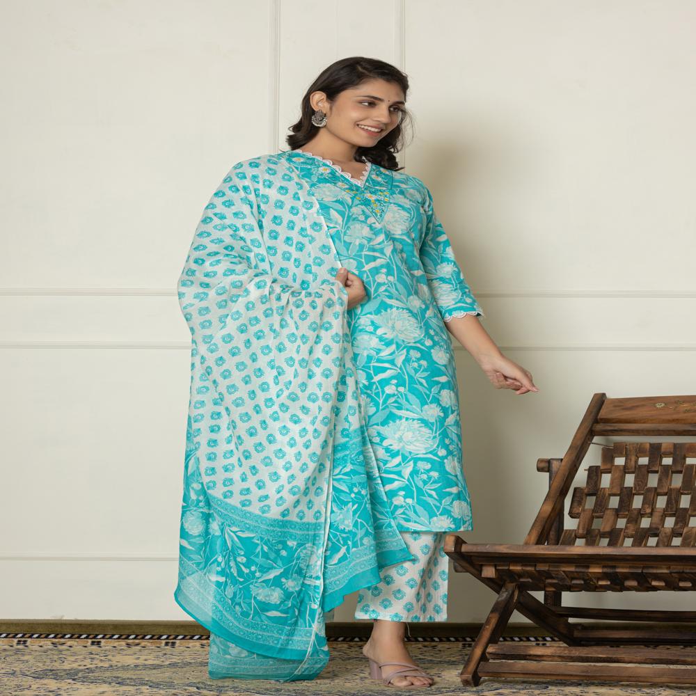 Tropicana Blue Kurti Pant Set With Dupatta