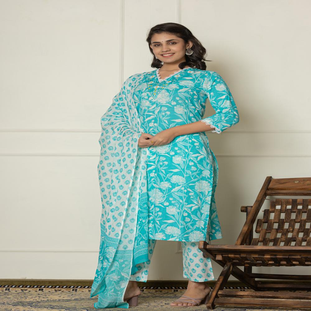 Tropicana Blue Kurti Pant Set With Dupatta