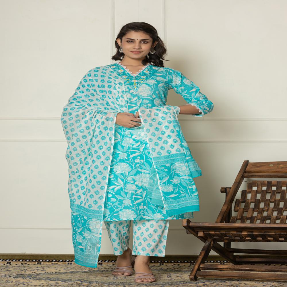 Tropicana Blue Kurti Pant Set With Dupatta
