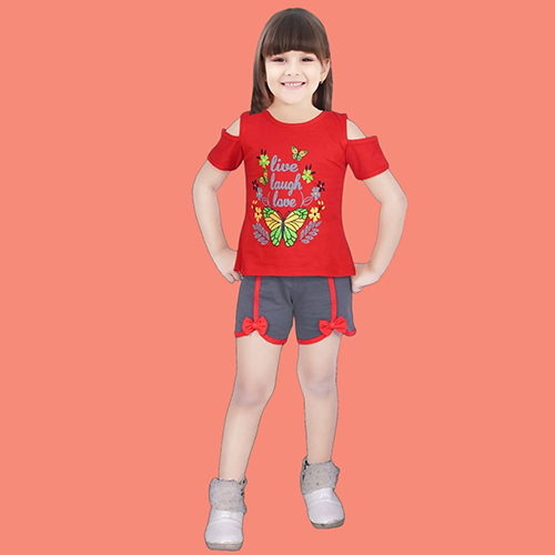 Girls Casual Printed Top With Shorts - Color: Red