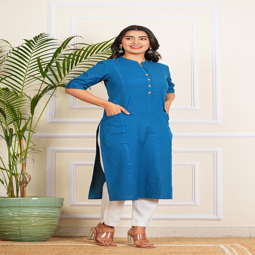 Ladies Blue Cotton Long Kurti