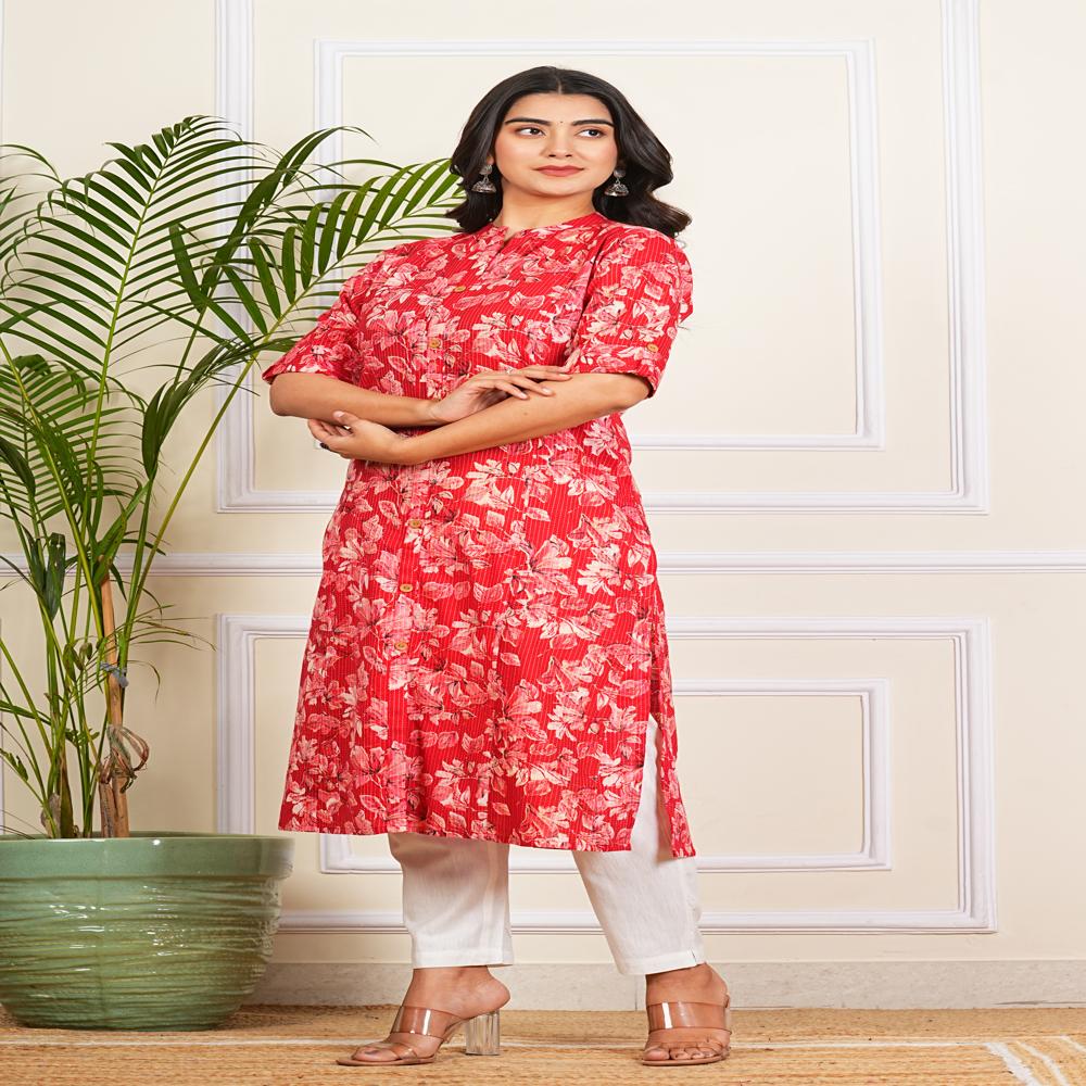 Red Floral Printed katha Long Kurti