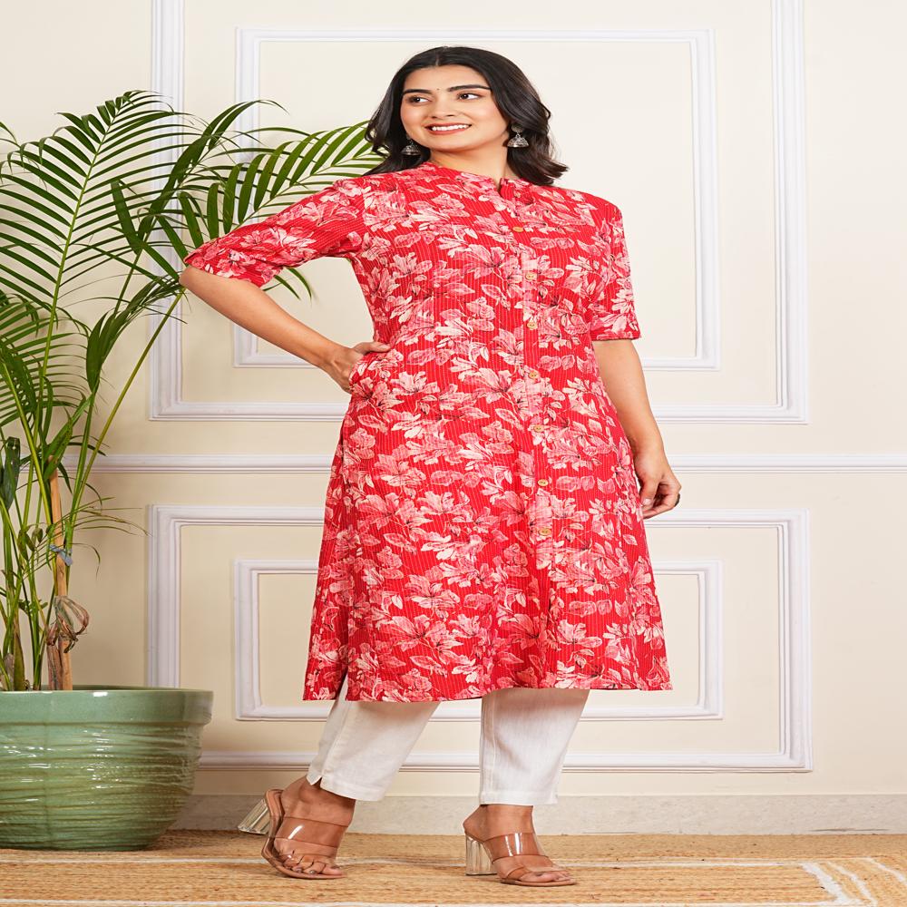 Red Floral Printed katha Long Kurti