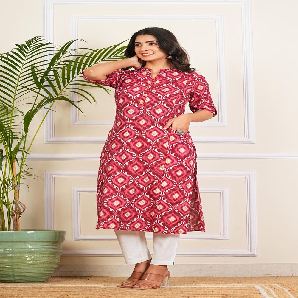 Red Ogee Printed Katha Cotton Kurti