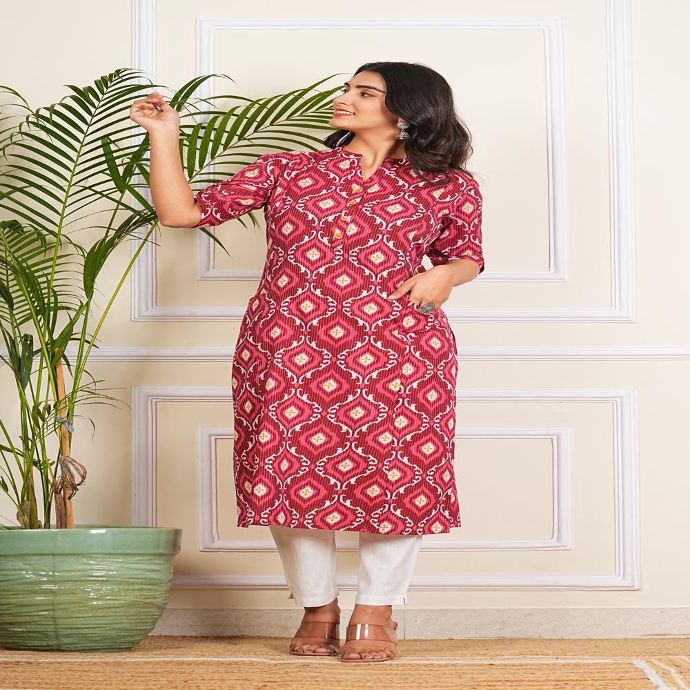 Red Ogee Printed Katha Cotton Kurti