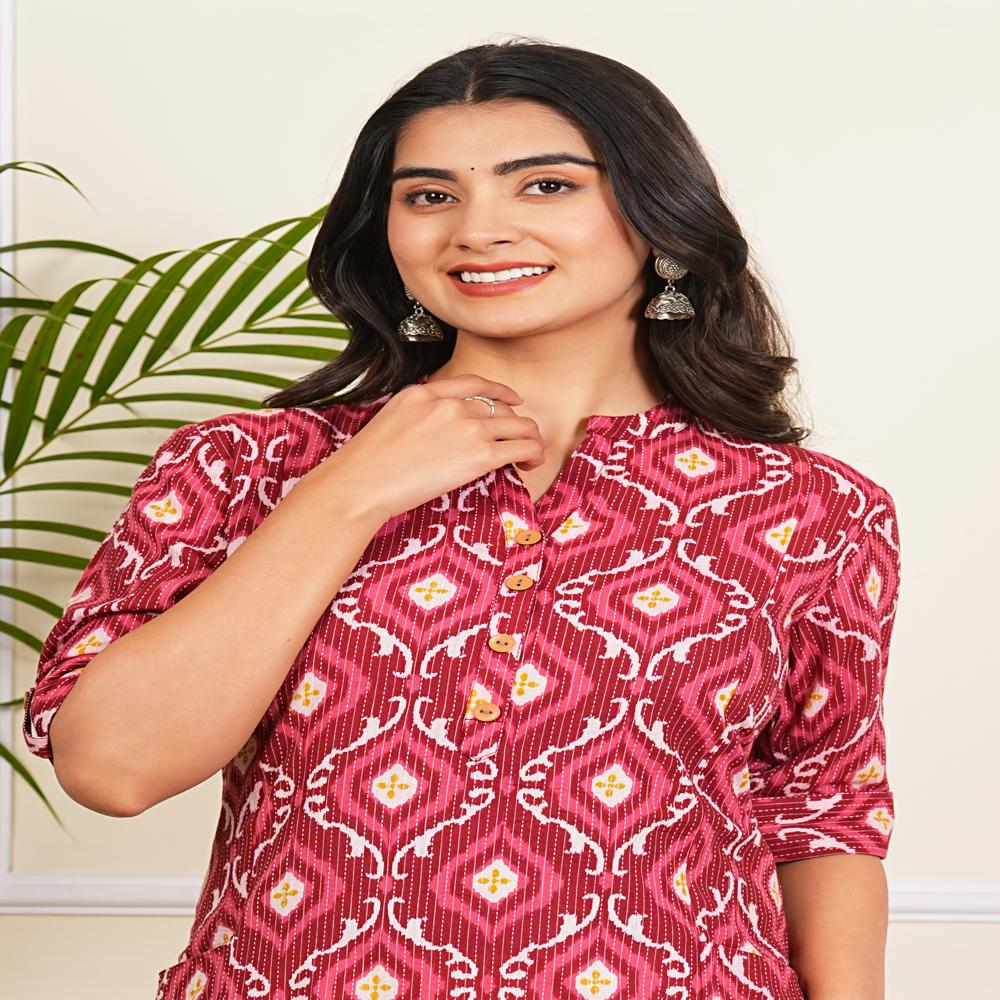 Red Ogee Printed Katha Cotton Kurti