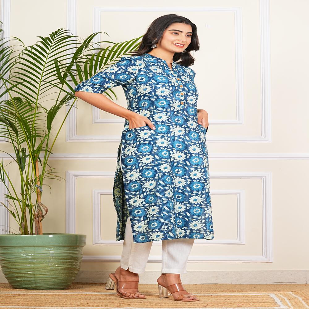 Blue Floral Katha Printed Cotton Kurti - Color: Multicolor