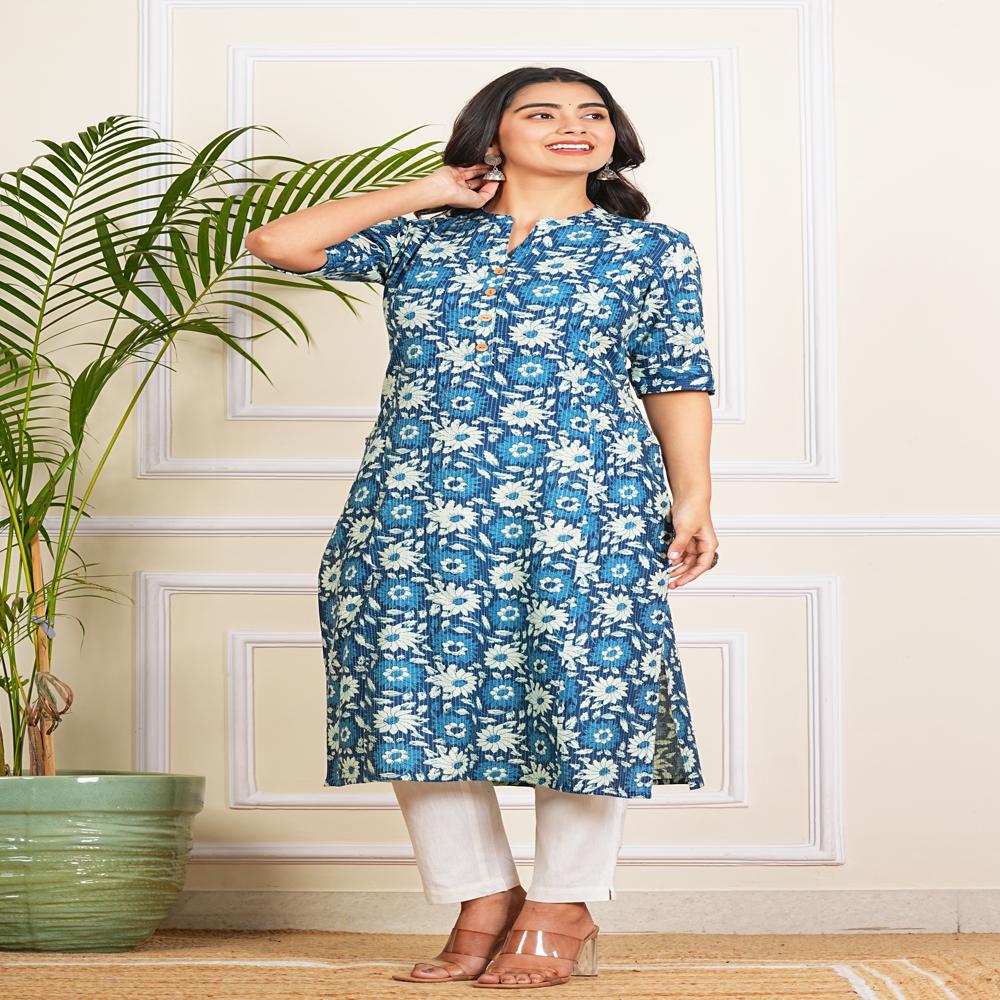 Blue Floral Katha Printed Cotton Kurti - Color: Multicolor