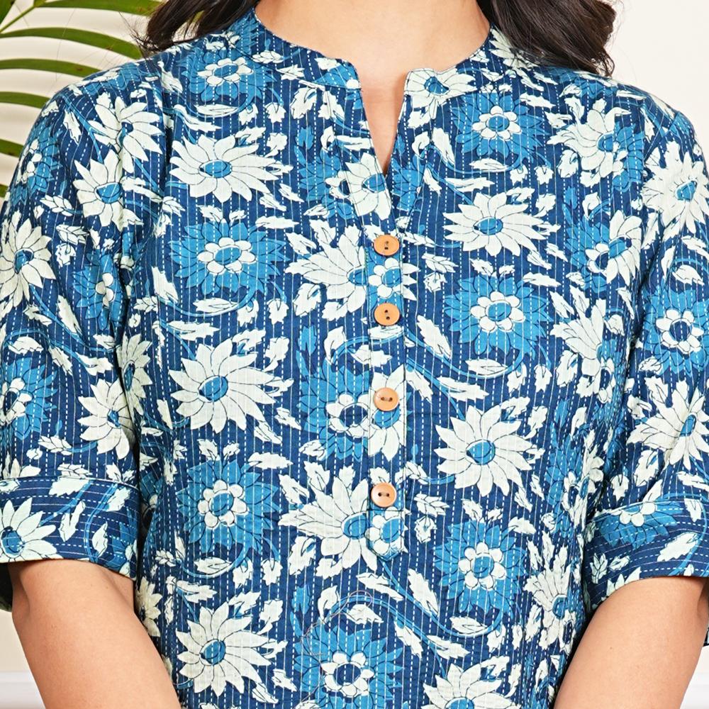 Blue Floral Katha Printed Cotton Kurti - Color: Multicolor