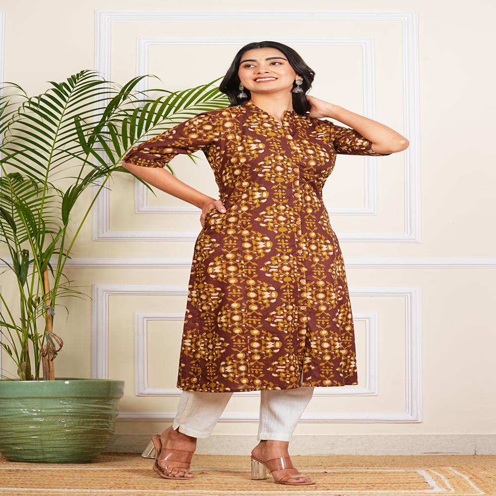 Dark Brown Cotton Long Kurti